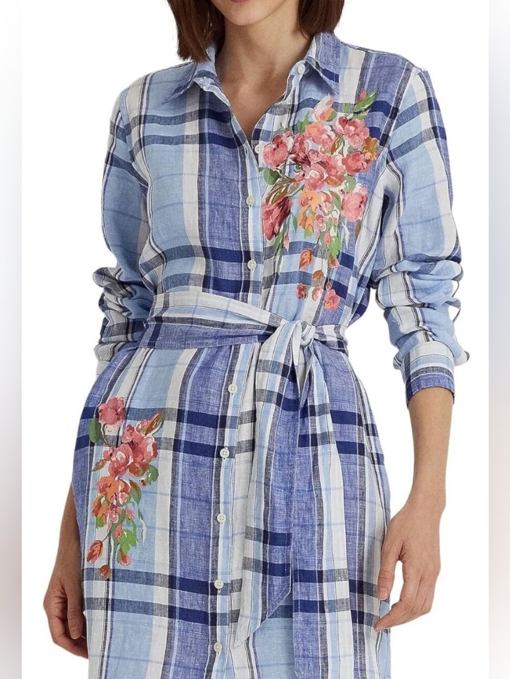 LAUREN Ralph Lauren NEW Floral & Plaid Linen Shirtdress Blue/White, Size 12